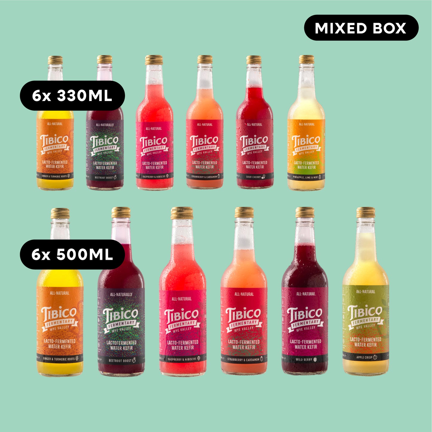 6 x 330ml and 6 x 500ml Mixed Water Kefirs